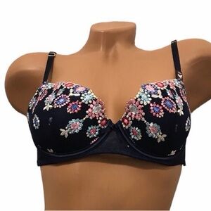 Victoria's Secret Dream Angels Lined Demi Navy Floral Embroidered Bra